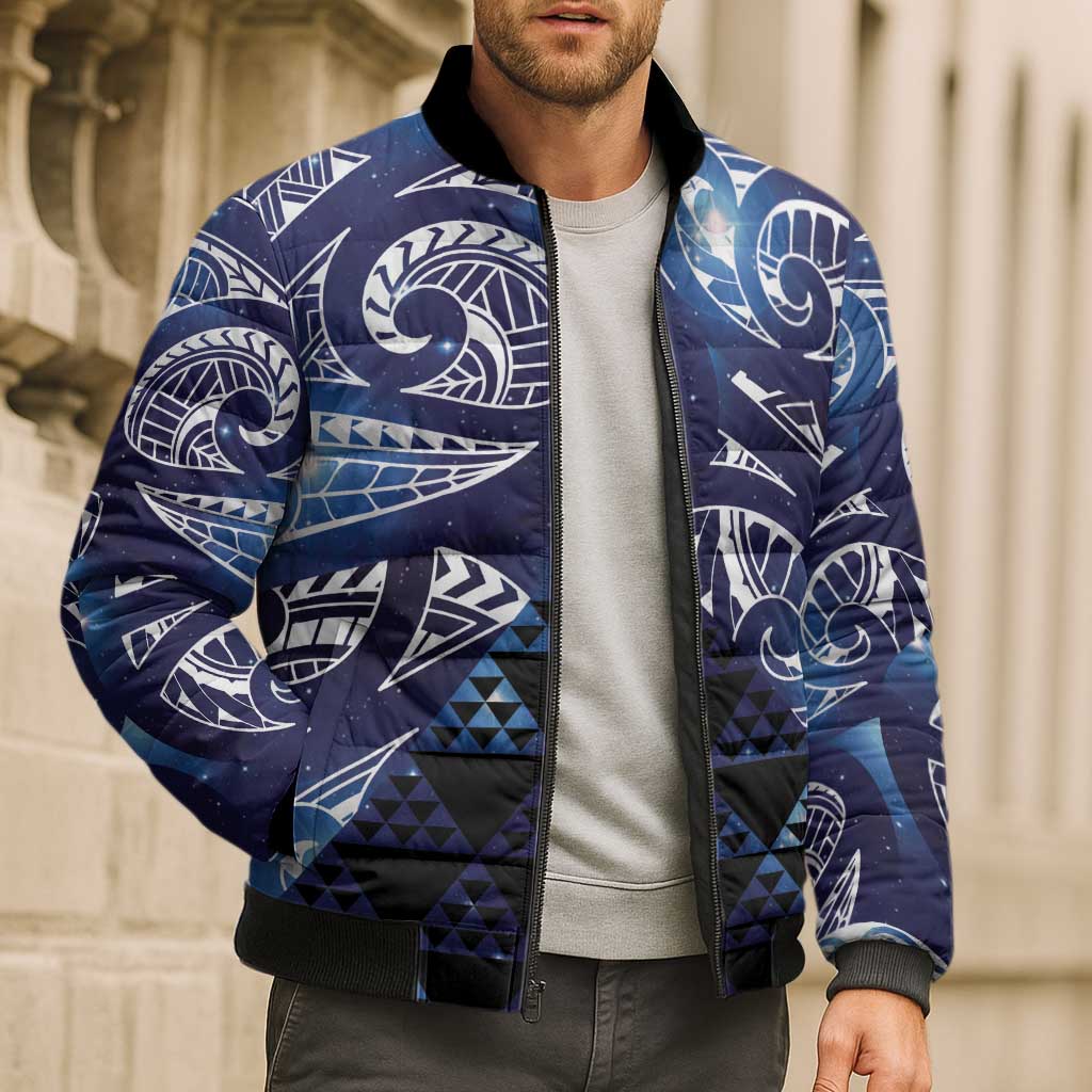 Matariki New Zealand Bomber Puffer Jacket NZ Niho Taniwha Maori New Year Blue Galaxy LT14 - Polynesian Pride