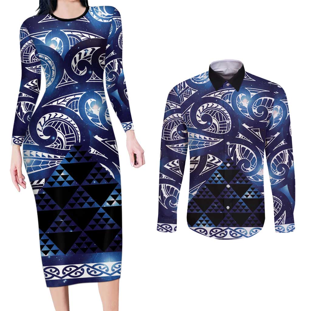 Matariki New Zealand Couples Matching Long Sleeve Bodycon Dress and Long Sleeve Button Shirt NZ Niho Taniwha Maori New Year Blue Galaxy LT14 Blue - Polynesian Pride