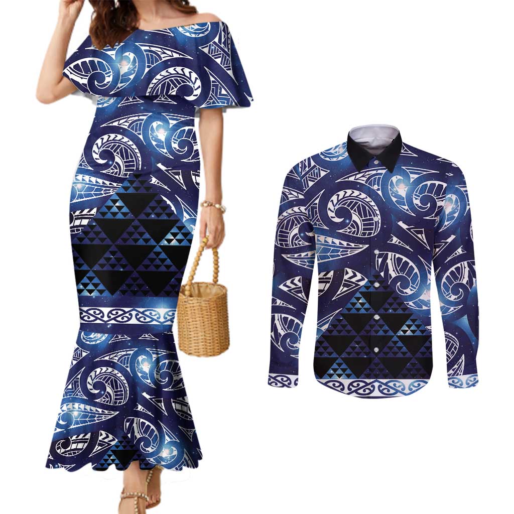Matariki New Zealand Couples Matching Mermaid Dress and Long Sleeve Button Shirt NZ Niho Taniwha Maori New Year Blue Galaxy LT14 Blue - Polynesian Pride