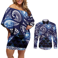 Matariki New Zealand Couples Matching Off Shoulder Short Dress and Long Sleeve Button Shirt NZ Niho Taniwha Maori New Year Blue Galaxy