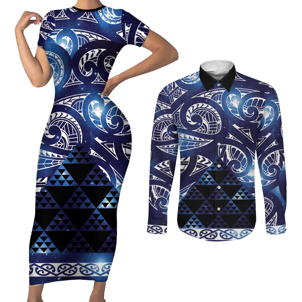 Matariki New Zealand Couples Matching Short Sleeve Bodycon Dress and Long Sleeve Button Shirt NZ Niho Taniwha Maori New Year Blue Galaxy LT14 Blue - Polynesian Pride
