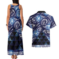 Matariki New Zealand Couples Matching Tank Maxi Dress and Hawaiian Shirt NZ Niho Taniwha Maori New Year Blue Galaxy