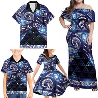 Matariki New Zealand Family Matching Off Shoulder Maxi Dress and Hawaiian Shirt NZ Niho Taniwha Maori New Year Blue Galaxy