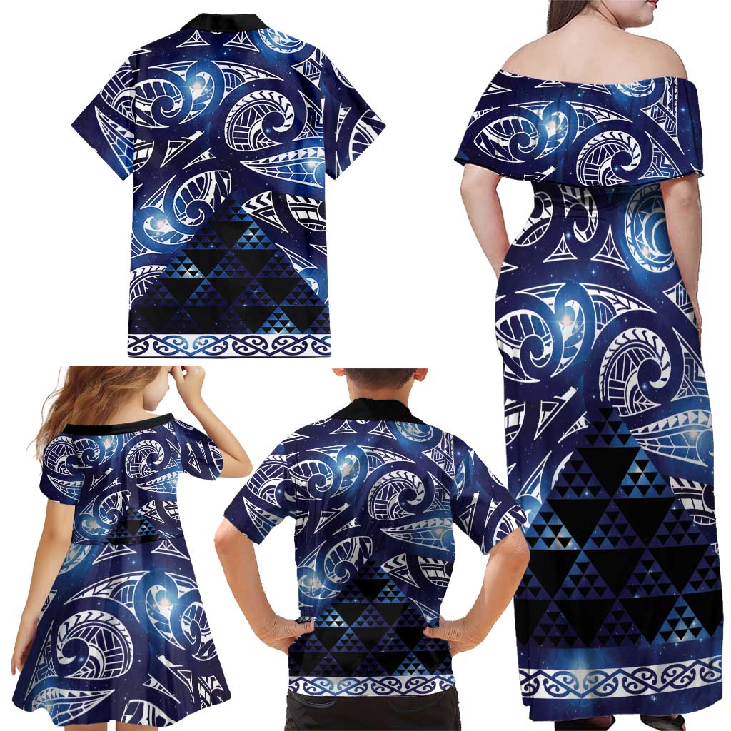 Matariki New Zealand Family Matching Off Shoulder Maxi Dress and Hawaiian Shirt NZ Niho Taniwha Maori New Year Blue Galaxy