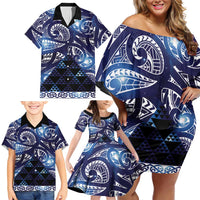 Matariki New Zealand Family Matching Off Shoulder Short Dress and Hawaiian Shirt NZ Niho Taniwha Maori New Year Blue Galaxy