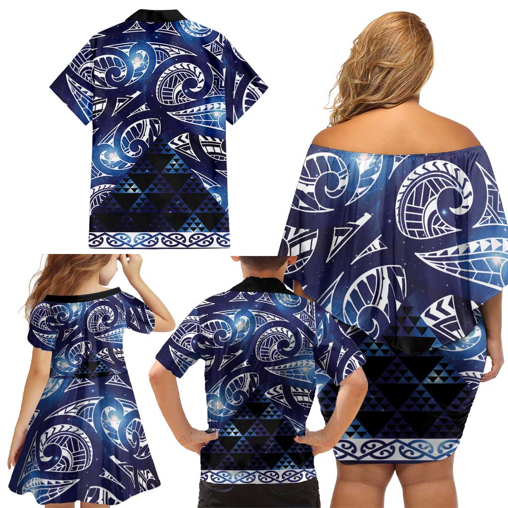 Matariki New Zealand Family Matching Off Shoulder Short Dress and Hawaiian Shirt NZ Niho Taniwha Maori New Year Blue Galaxy