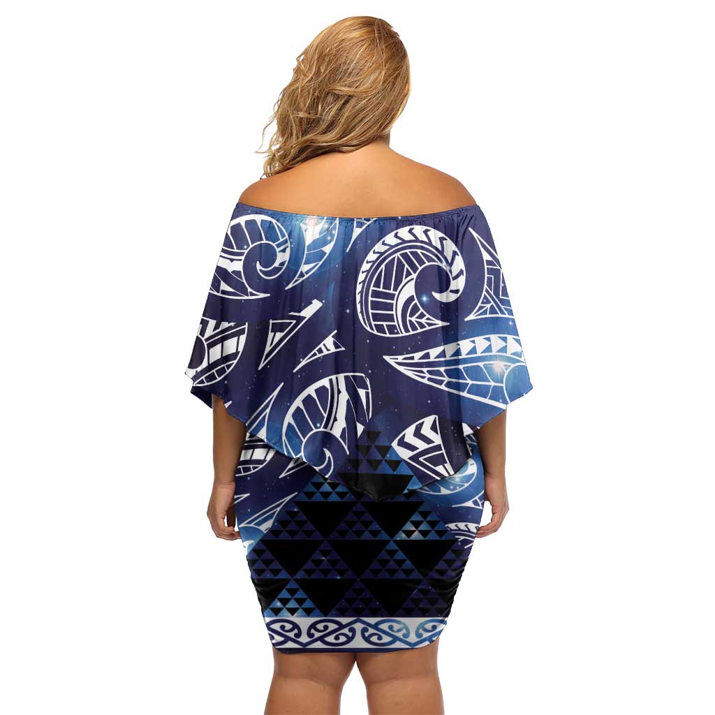 Matariki New Zealand Family Matching Off Shoulder Short Dress and Hawaiian Shirt NZ Niho Taniwha Maori New Year Blue Galaxy