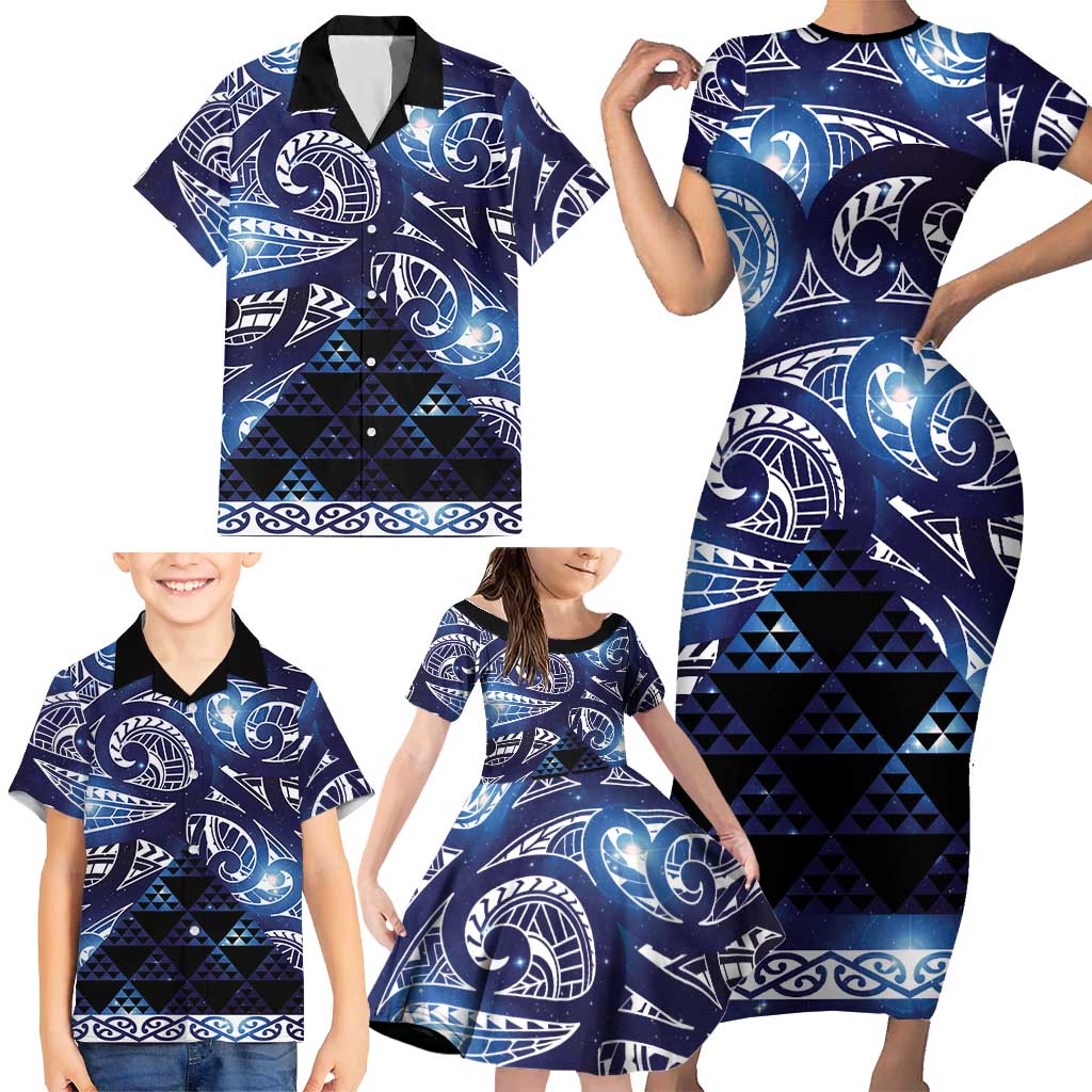 Matariki New Zealand Family Matching Short Sleeve Bodycon Dress and Hawaiian Shirt NZ Niho Taniwha Maori New Year Blue Galaxy LT14 - Polynesian Pride