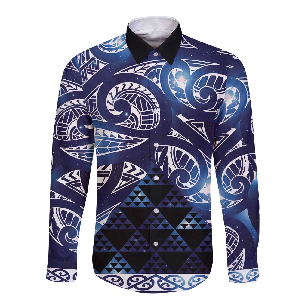 Matariki New Zealand Long Sleeve Button Shirt NZ Niho Taniwha Maori New Year Blue Galaxy LT14 Unisex Blue - Polynesian Pride