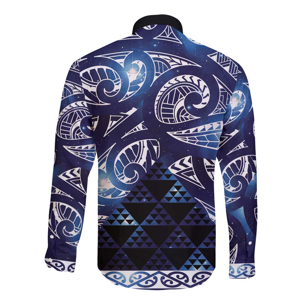 Matariki New Zealand Long Sleeve Button Shirt NZ Niho Taniwha Maori New Year Blue Galaxy LT14 - Polynesian Pride