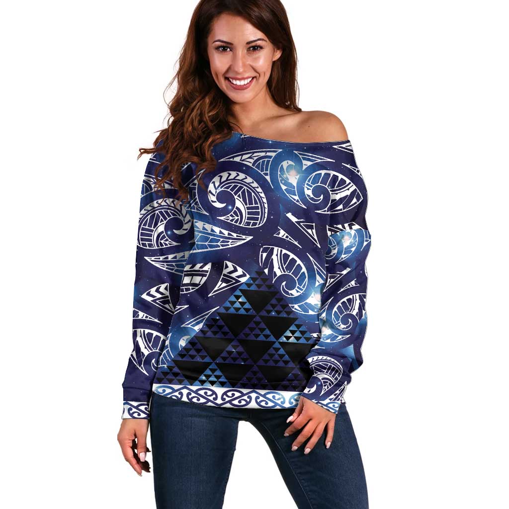 Matariki New Zealand Off Shoulder Sweater NZ Niho Taniwha Maori New Year Blue Galaxy LT14 Women Blue - Polynesian Pride