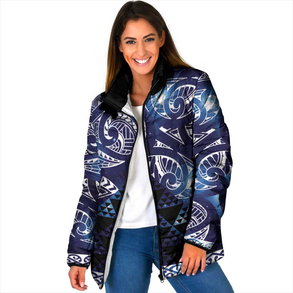 Matariki New Zealand Padded Jacket NZ Niho Taniwha Maori New Year Blue Galaxy LT14 Women Blue - Polynesian Pride