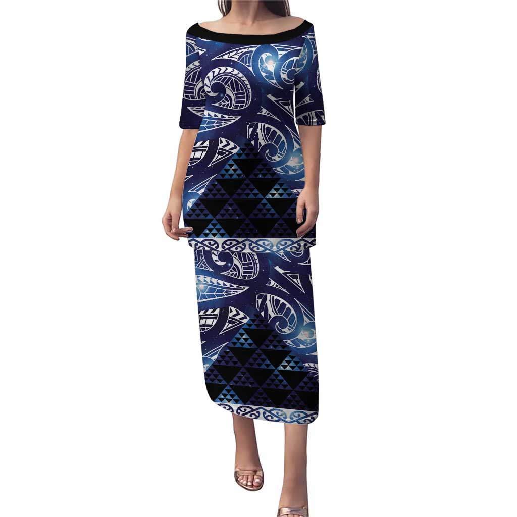 Matariki New Zealand Puletasi NZ Niho Taniwha Maori New Year Blue Galaxy LT14 Long Dress Blue - Polynesian Pride
