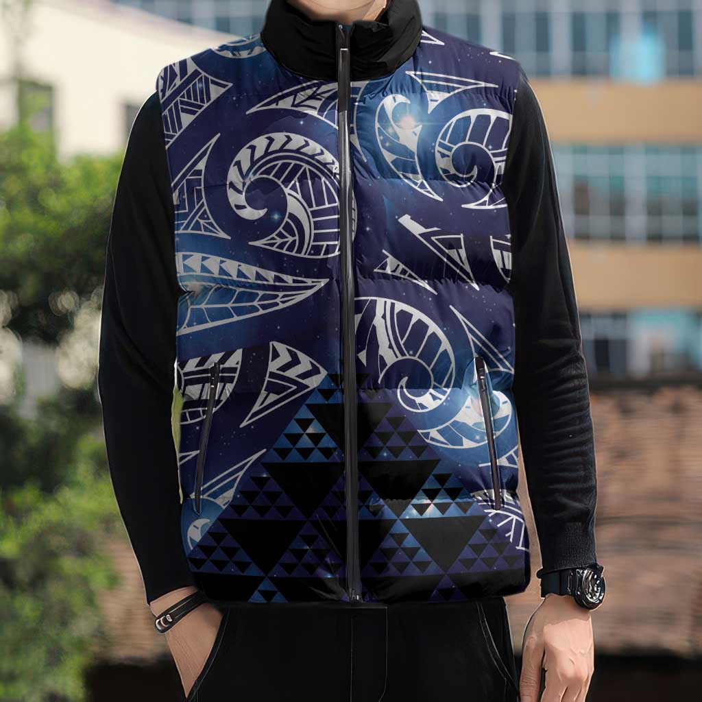 Matariki New Zealand Sleeveless Puffer Jacket NZ Niho Taniwha Maori New Year Blue Galaxy LT14 - Polynesian Pride
