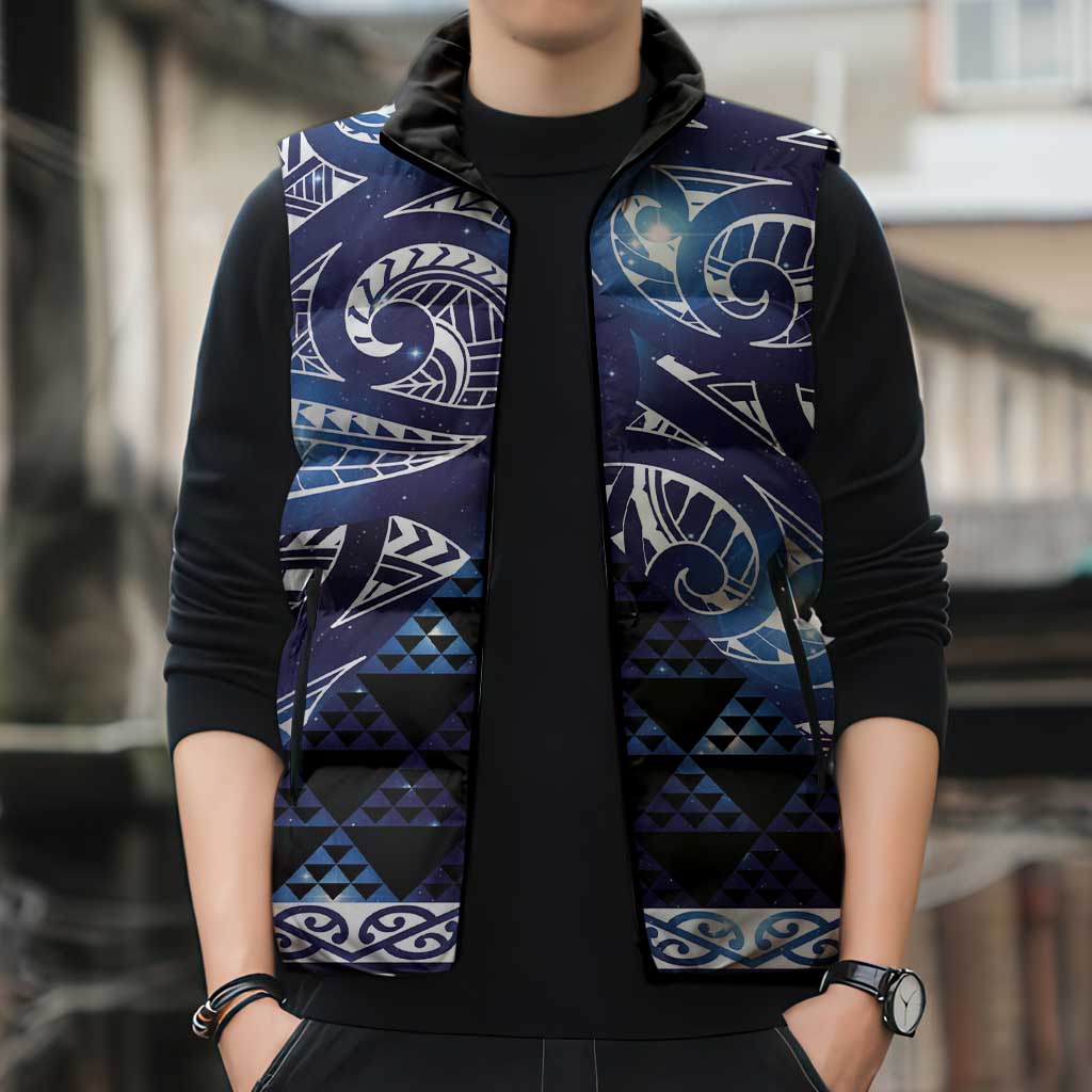 Matariki New Zealand Sleeveless Puffer Jacket NZ Niho Taniwha Maori New Year Blue Galaxy LT14 - Polynesian Pride