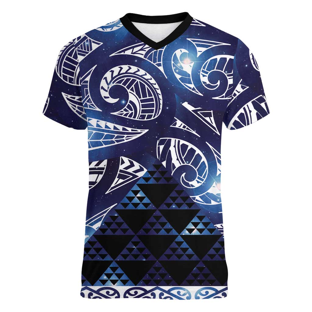 Matariki New Zealand Women V-Neck T-Shirt NZ Niho Taniwha Maori New Year Blue Galaxy