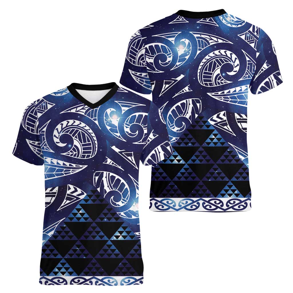 Matariki New Zealand Women V-Neck T-Shirt NZ Niho Taniwha Maori New Year Blue Galaxy