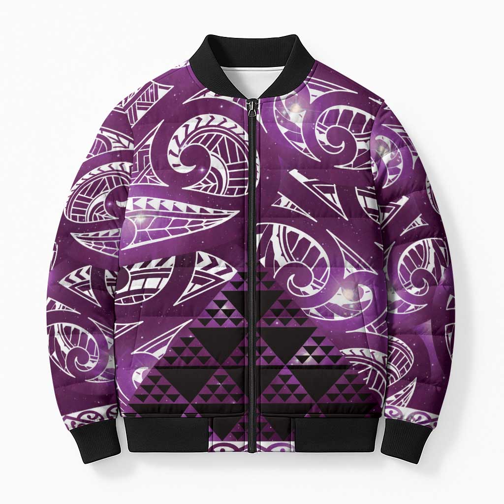 Matariki New Zealand Bomber Puffer Jacket NZ Niho Taniwha Maori New Year Purple Galaxy LT14 Unisex Purple - Polynesian Pride