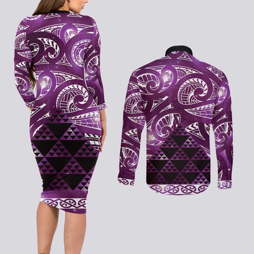 Matariki New Zealand Couples Matching Long Sleeve Bodycon Dress and Long Sleeve Button Shirt NZ Niho Taniwha Maori New Year Purple Galaxy