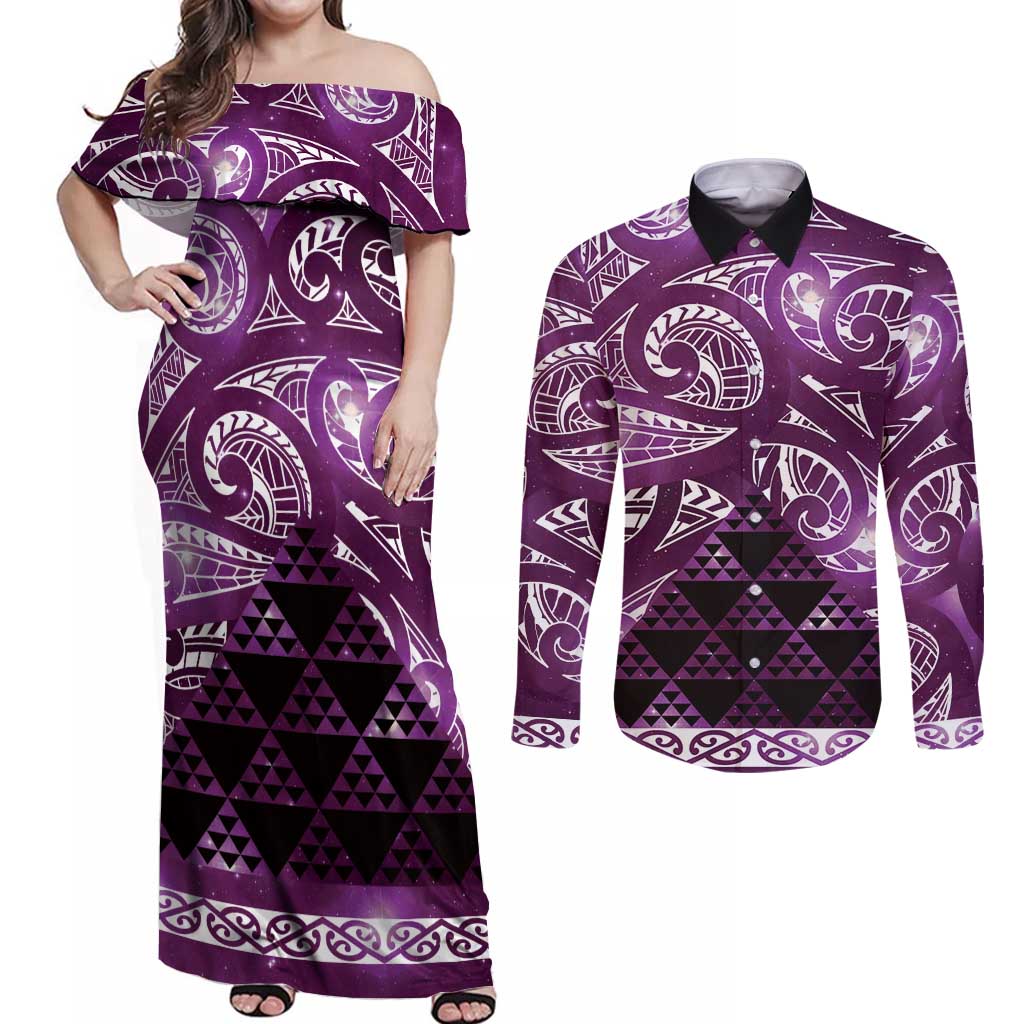 Matariki New Zealand Couples Matching Off Shoulder Maxi Dress and Long Sleeve Button Shirt NZ Niho Taniwha Maori New Year Purple Galaxy