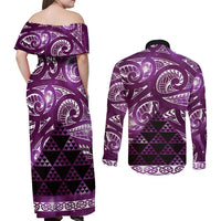 Matariki New Zealand Couples Matching Off Shoulder Maxi Dress and Long Sleeve Button Shirt NZ Niho Taniwha Maori New Year Purple Galaxy