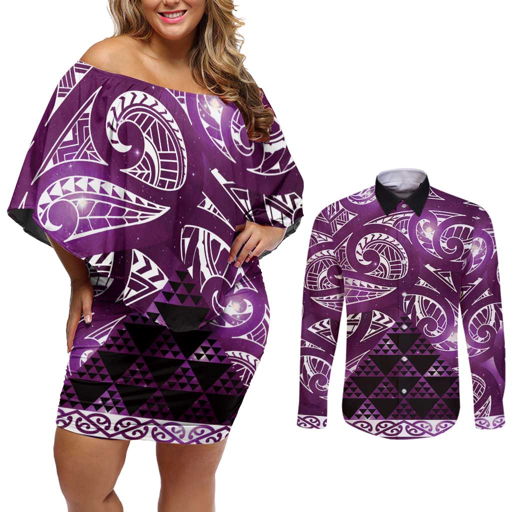 Matariki New Zealand Couples Matching Off Shoulder Short Dress and Long Sleeve Button Shirt NZ Niho Taniwha Maori New Year Purple Galaxy