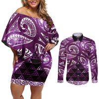 Matariki New Zealand Couples Matching Off Shoulder Short Dress and Long Sleeve Button Shirt NZ Niho Taniwha Maori New Year Purple Galaxy