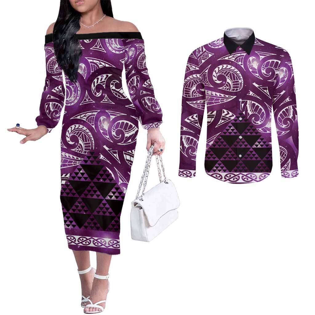 Matariki New Zealand Couples Matching Off The Shoulder Long Sleeve Dress and Long Sleeve Button Shirt NZ Niho Taniwha Maori New Year Purple Galaxy