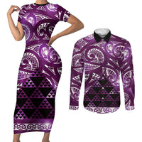 Matariki New Zealand Couples Matching Short Sleeve Bodycon Dress and Long Sleeve Button Shirt NZ Niho Taniwha Maori New Year Purple Galaxy