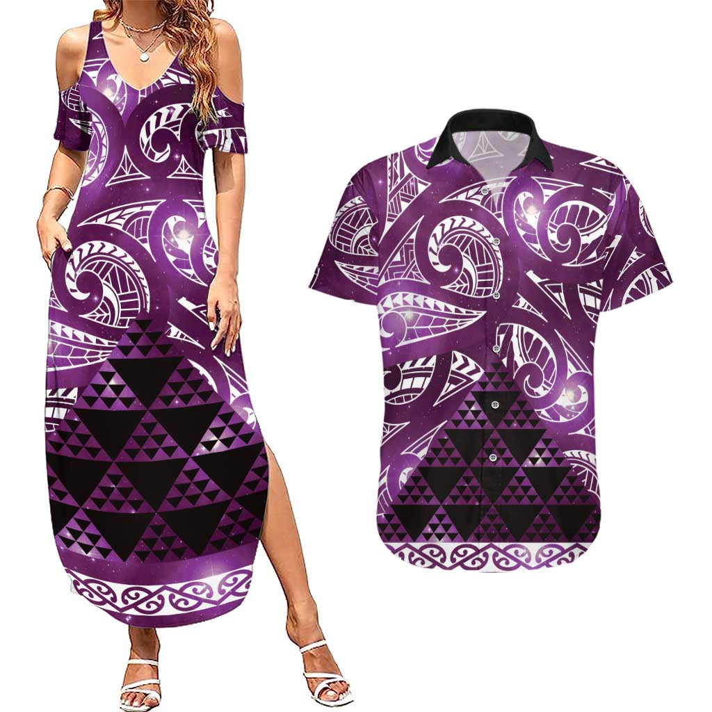 Matariki New Zealand Couples Matching Summer Maxi Dress and Hawaiian Shirt NZ Niho Taniwha Maori New Year Purple Galaxy LT14 Purple - Polynesian Pride