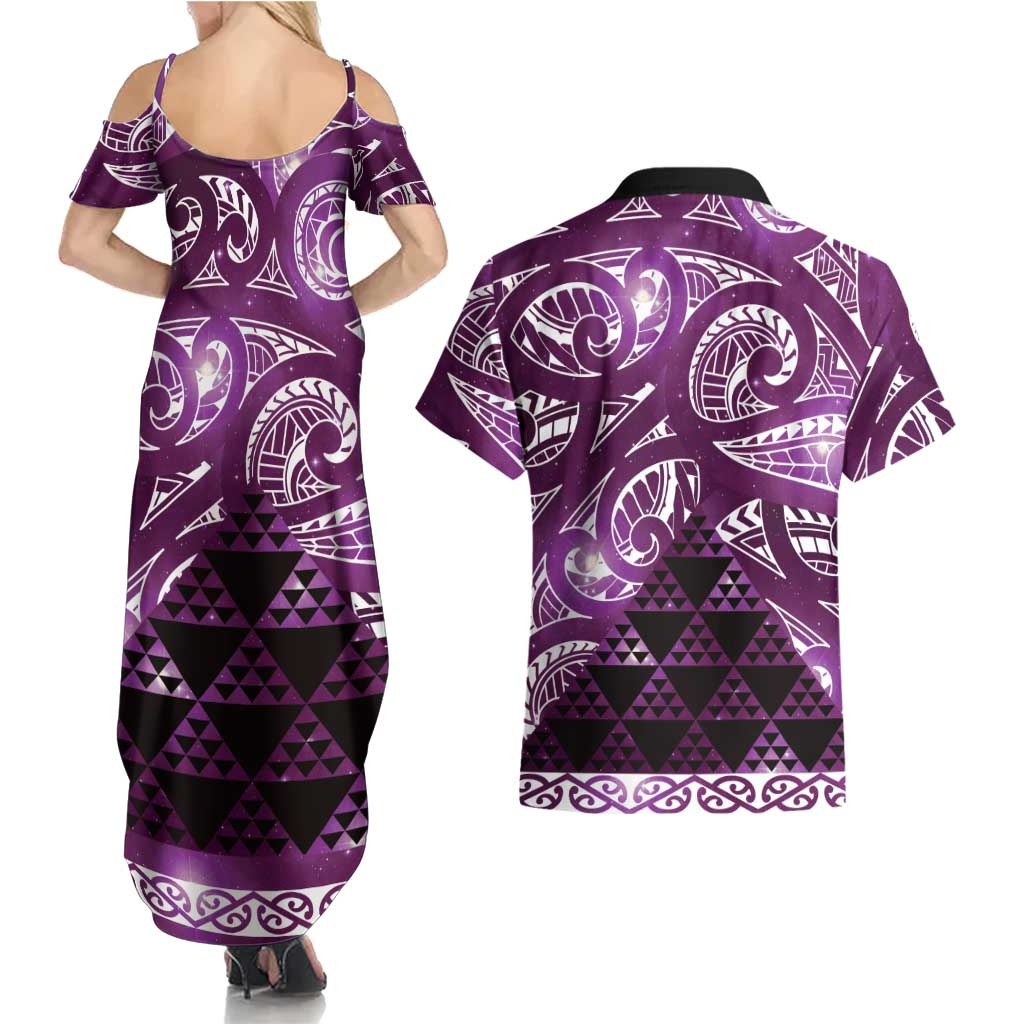 Matariki New Zealand Couples Matching Summer Maxi Dress and Hawaiian Shirt NZ Niho Taniwha Maori New Year Purple Galaxy