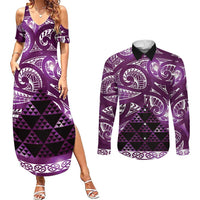 Matariki New Zealand Couples Matching Summer Maxi Dress and Long Sleeve Button Shirt NZ Niho Taniwha Maori New Year Purple Galaxy