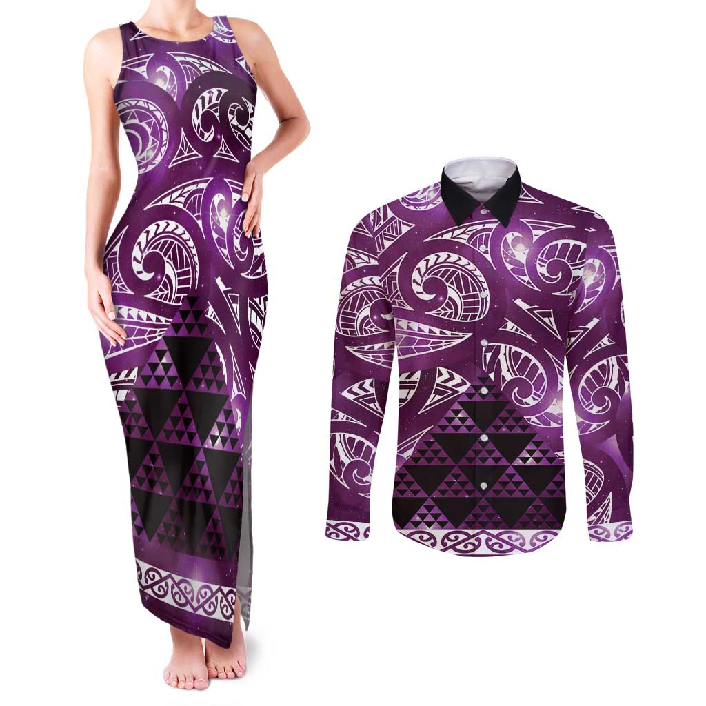 Matariki New Zealand Couples Matching Tank Maxi Dress and Long Sleeve Button Shirt NZ Niho Taniwha Maori New Year Purple Galaxy LT14 Purple - Polynesian Pride