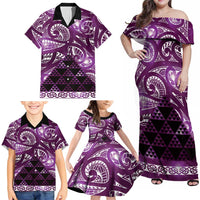 Matariki New Zealand Family Matching Off Shoulder Maxi Dress and Hawaiian Shirt NZ Niho Taniwha Maori New Year Purple Galaxy