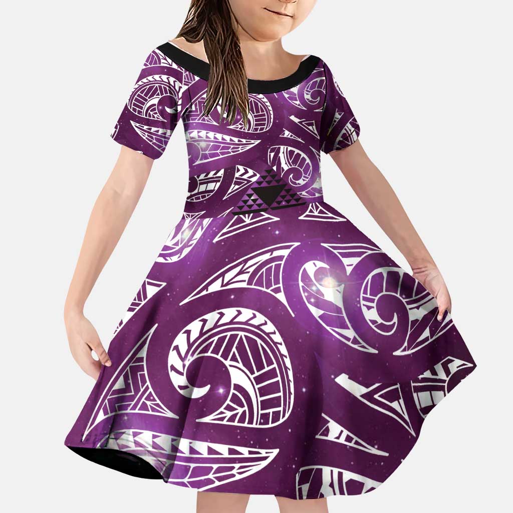 Matariki New Zealand Family Matching Off Shoulder Short Dress and Hawaiian Shirt NZ Niho Taniwha Maori New Year Purple Galaxy