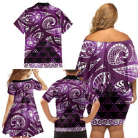 Matariki New Zealand Family Matching Off Shoulder Short Dress and Hawaiian Shirt NZ Niho Taniwha Maori New Year Purple Galaxy