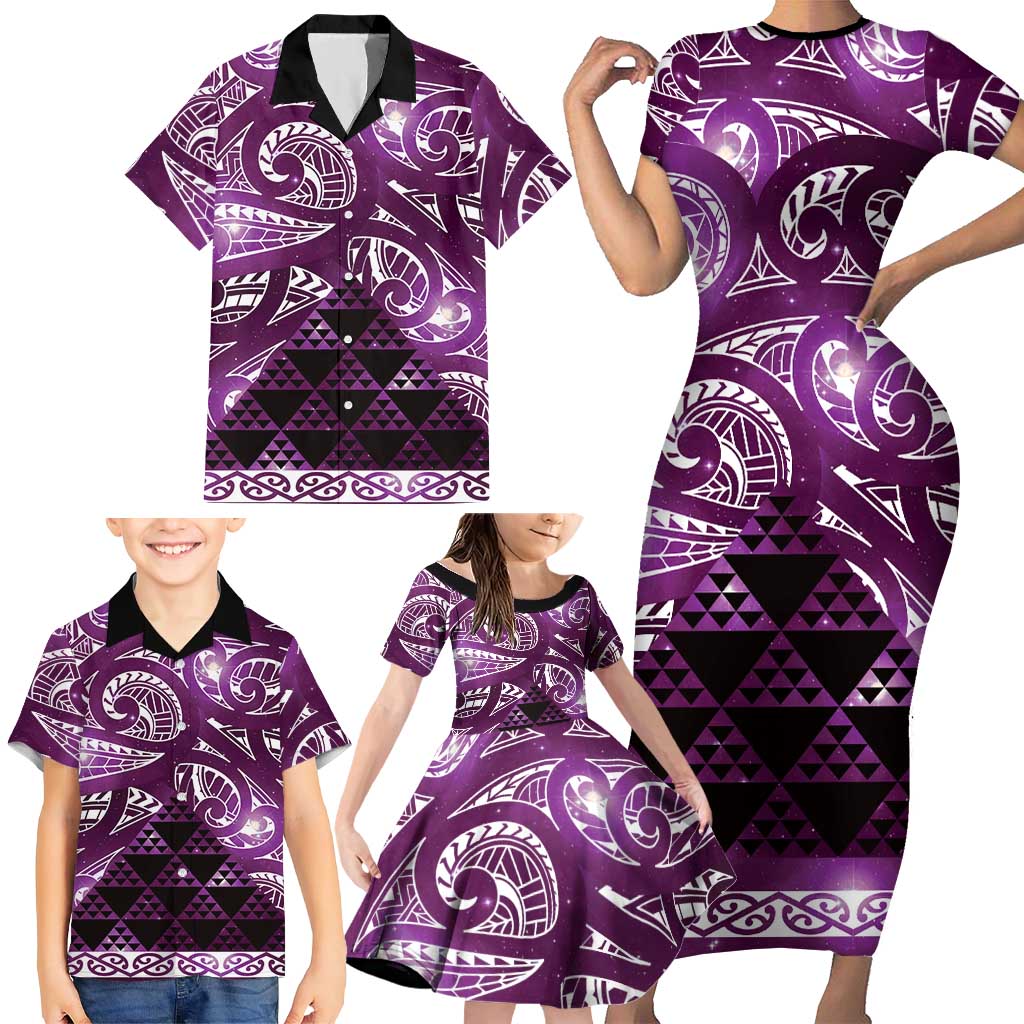Matariki New Zealand Family Matching Short Sleeve Bodycon Dress and Hawaiian Shirt NZ Niho Taniwha Maori New Year Purple Galaxy LT14 - Polynesian Pride