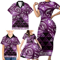 Matariki New Zealand Family Matching Short Sleeve Bodycon Dress and Hawaiian Shirt NZ Niho Taniwha Maori New Year Purple Galaxy