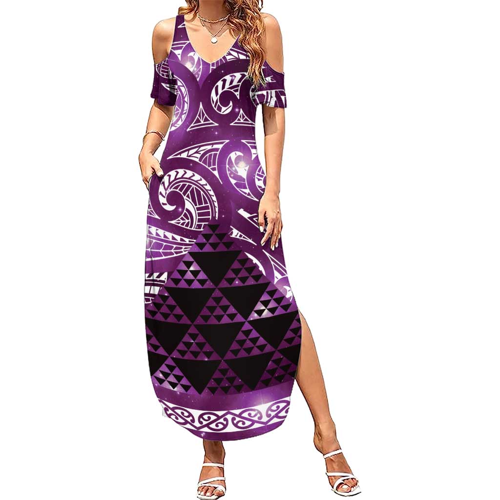 Matariki New Zealand Family Matching Summer Maxi Dress and Hawaiian Shirt NZ Niho Taniwha Maori New Year Purple Galaxy