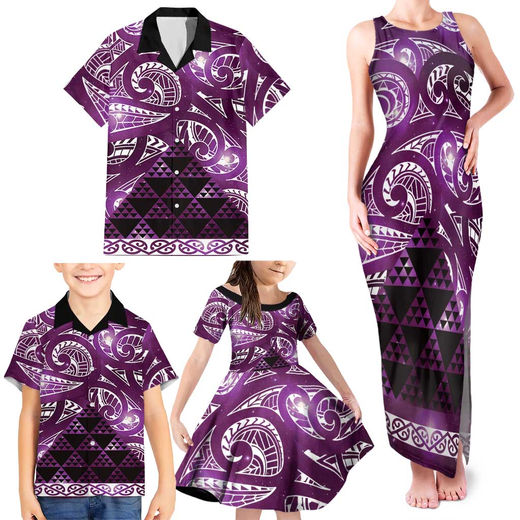 Matariki New Zealand Family Matching Tank Maxi Dress and Hawaiian Shirt NZ Niho Taniwha Maori New Year Purple Galaxy