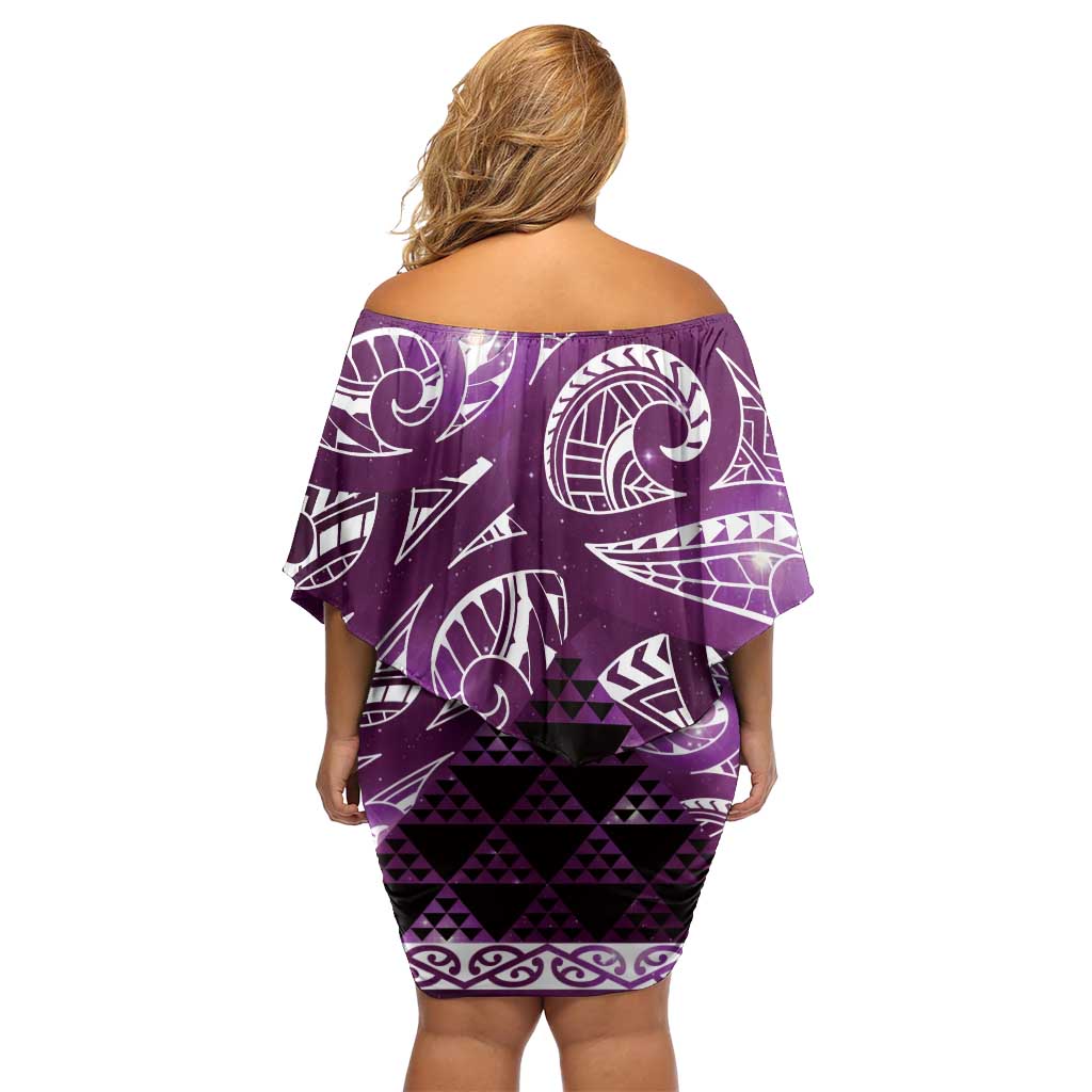 Matariki New Zealand Off Shoulder Short Dress NZ Niho Taniwha Maori New Year Purple Galaxy