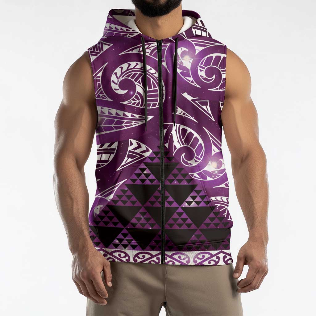 Matariki New Zealand Sleeveless Zip Hoodie NZ Niho Taniwha Maori New Year Purple Galaxy