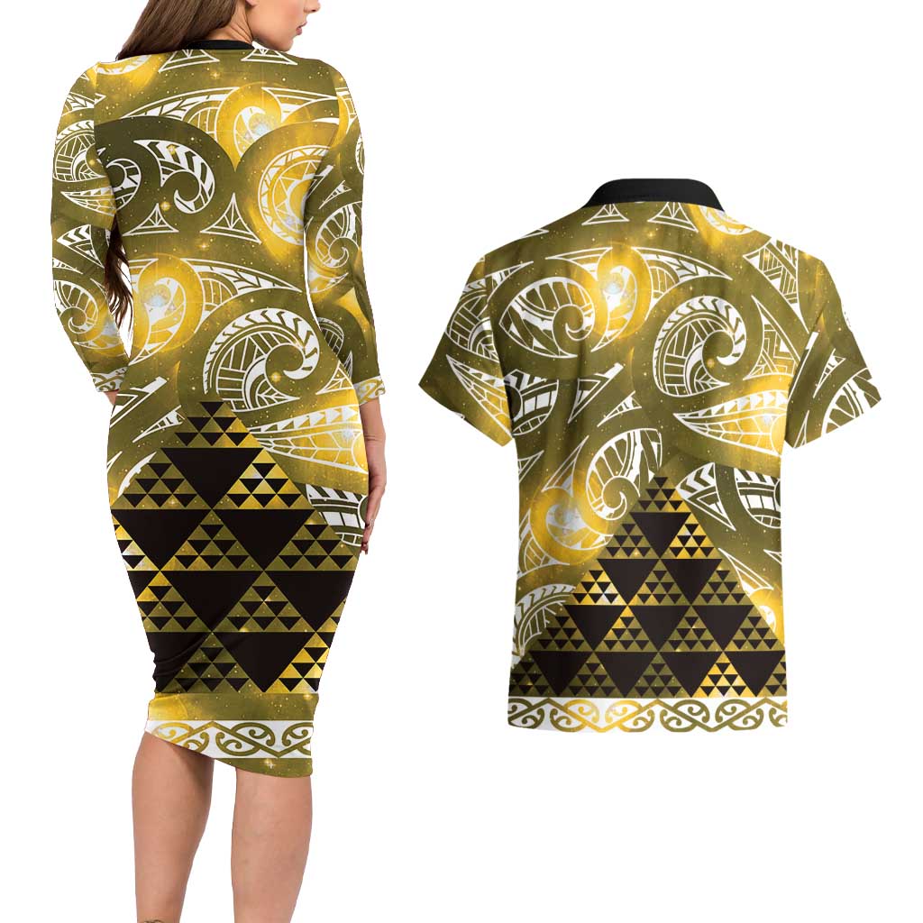 Matariki New Zealand Couples Matching Long Sleeve Bodycon Dress and Hawaiian Shirt NZ Niho Taniwha Maori New Year Yellow Galaxy