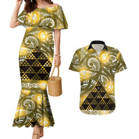 Matariki New Zealand Couples Matching Mermaid Dress and Hawaiian Shirt NZ Niho Taniwha Maori New Year Yellow Galaxy