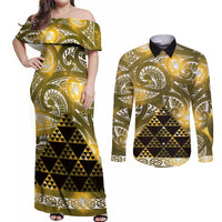 Matariki New Zealand Couples Matching Off Shoulder Maxi Dress and Long Sleeve Button Shirt NZ Niho Taniwha Maori New Year Yellow Galaxy