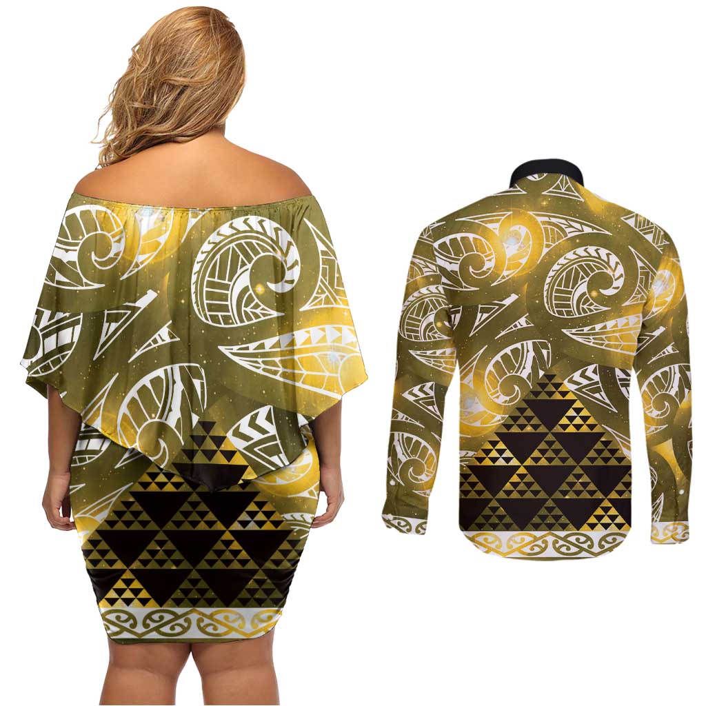 Matariki New Zealand Couples Matching Off Shoulder Short Dress and Long Sleeve Button Shirt NZ Niho Taniwha Maori New Year Yellow Galaxy