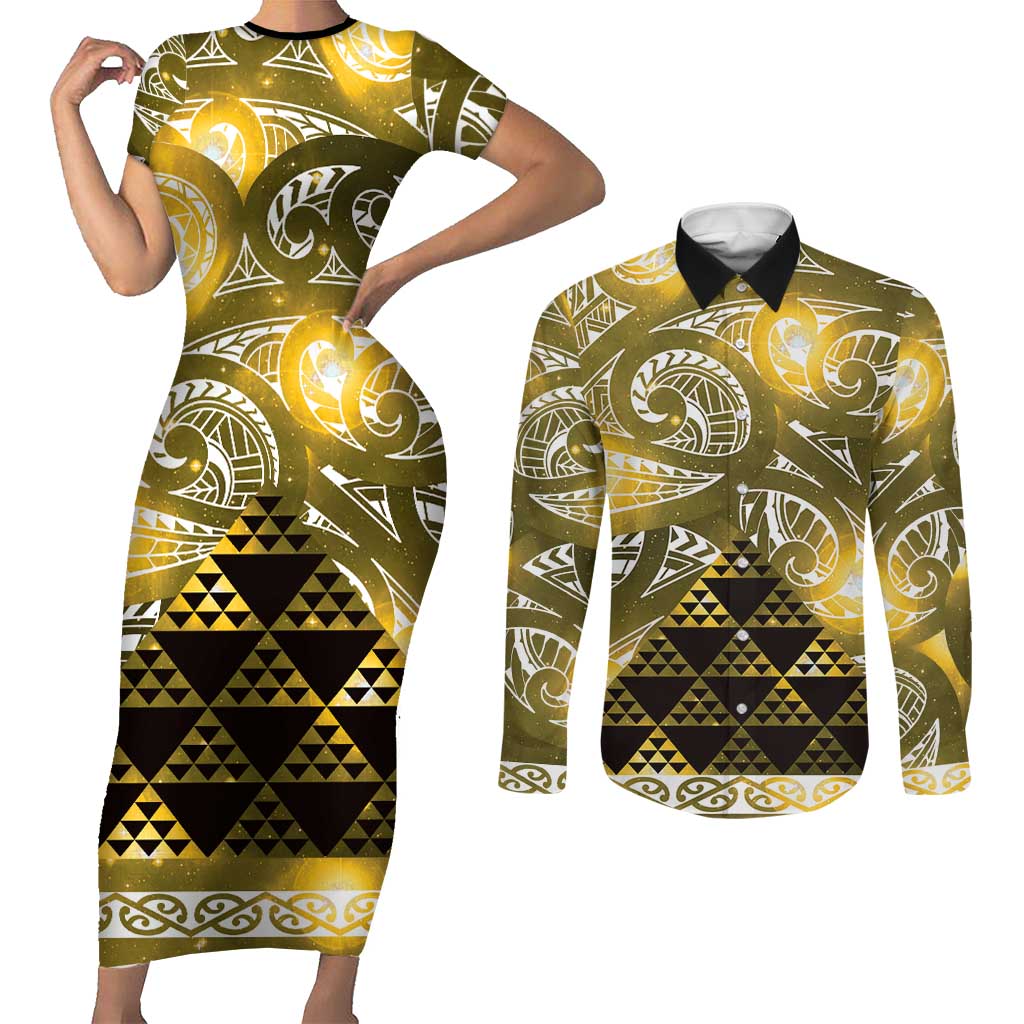 Matariki New Zealand Couples Matching Short Sleeve Bodycon Dress and Long Sleeve Button Shirt NZ Niho Taniwha Maori New Year Yellow Galaxy LT14 Yellow - Polynesian Pride