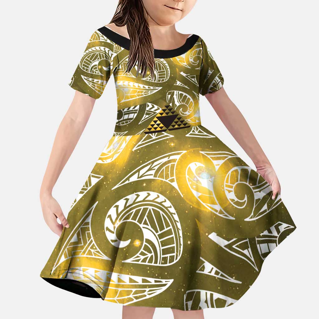Matariki New Zealand Family Matching Long Sleeve Bodycon Dress and Hawaiian Shirt NZ Niho Taniwha Maori New Year Yellow Galaxy