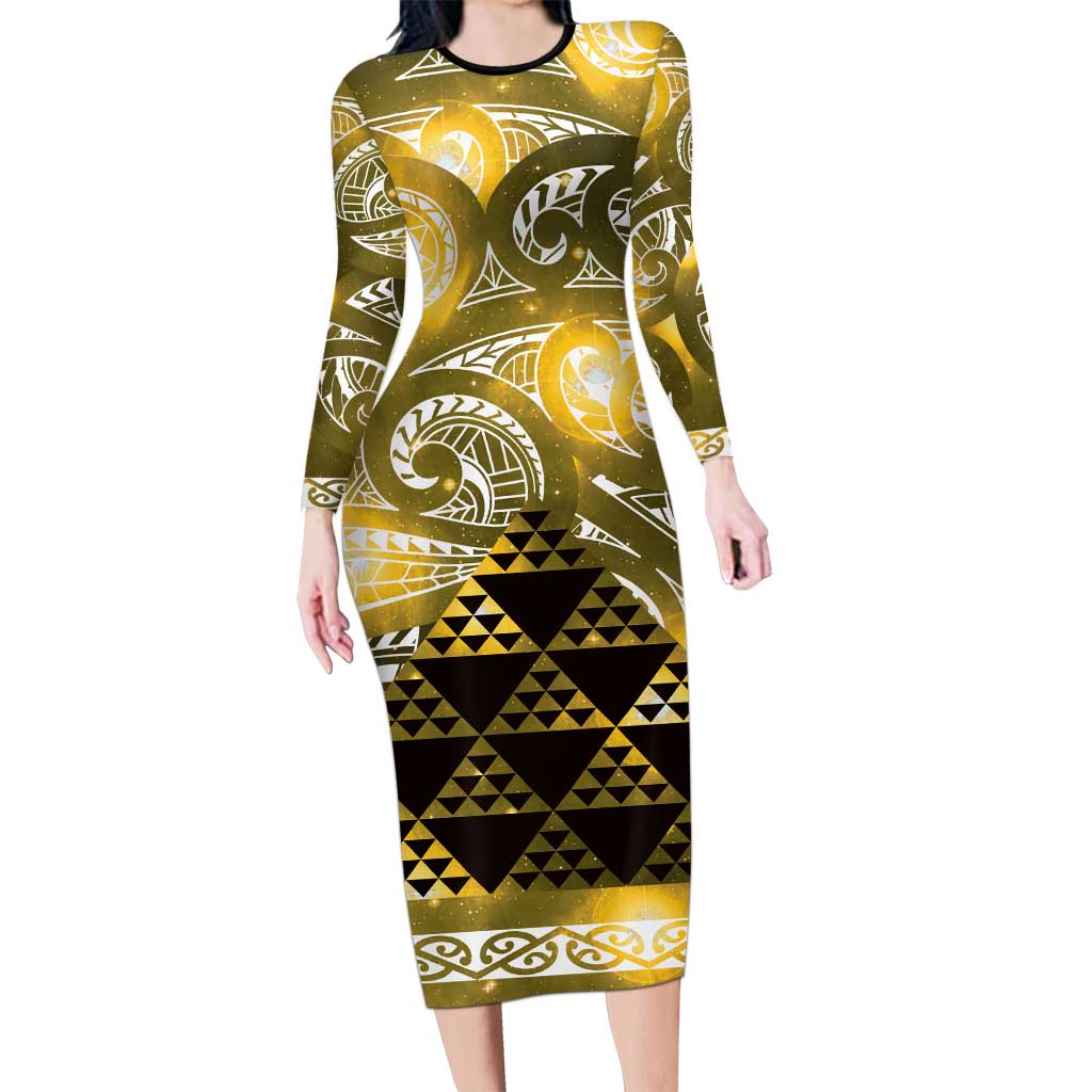 Matariki New Zealand Family Matching Long Sleeve Bodycon Dress and Hawaiian Shirt NZ Niho Taniwha Maori New Year Yellow Galaxy