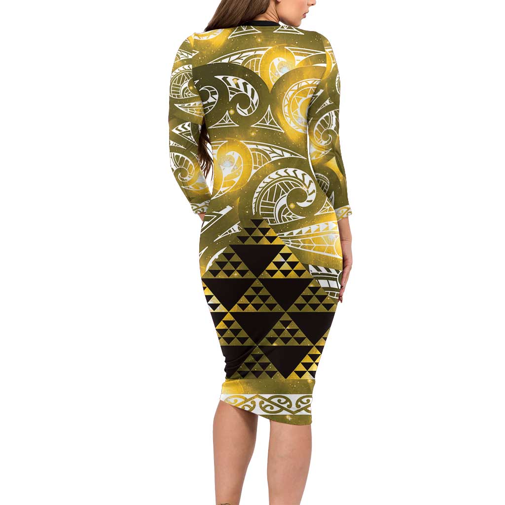 Matariki New Zealand Family Matching Long Sleeve Bodycon Dress and Hawaiian Shirt NZ Niho Taniwha Maori New Year Yellow Galaxy